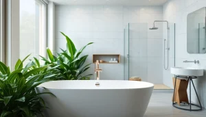 Showcasing a chic bathroom remodelling with elegant fixtures and calming colors.