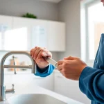 Find a reliable plumber near me fixing a faucet in a modern kitchen.