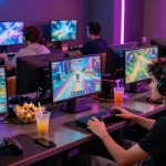 Paus Hoki gaming night with friends enjoying vibrant screens and snacks in a neon-lit lounge.