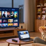 Pikashow app displayed on a smart TV in a cozy living room, showcasing user-friendly interface for streaming movies and live sports.