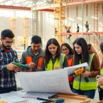 Engaged students learning construction education on a bustling site with tools and teamwork.