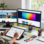 Creative workspace showcasing web design process with vibrant mockups and brainstorming elements.