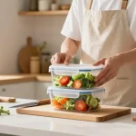 Airtight food storage containers neatly organized in a bright kitchen, enhancing meal prep efficiency.
