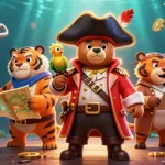 Experience thrilling gameplay at bj388 with an energetic pirate captain bear and tiger at an online casino.