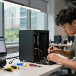 Technician assembling a refurbished PC with tools and components.