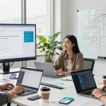 Team collaborating in a modern workspace featuring CRM with built-in marketplace tools for streamlined service management.