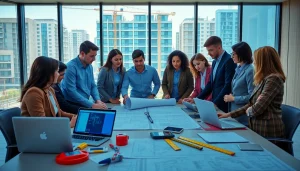 Construction association members collaborating on a project in a modern conference room.