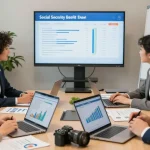 Financial advisors discussing social security benefits in a modern office setting