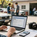 Person using a laptop to check carfax vehicle history report outdoors.