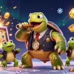 Engage with okfun's thrilling casino experience featuring a giant turtle, slot machines, and vibrant gaming action.