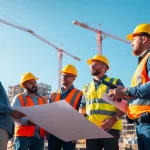 Construction association professionals collaborating on a vibrant building site