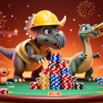 Celebrate casino wins with ea88 as a triceratops builds poker chips surrounded by festive gaming elements.