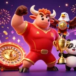 Experience dynamic gaming action with jw88's vibrant 3D casino illustration featuring a muscular bull mascot and cheerful panda.