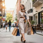 Stylish woman in modest dresses shopping on urban street with colorful murals.