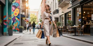 Stylish woman in modest dresses shopping on urban street with colorful murals.