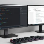 ae888black software development workspace showcasing code, digital platforms, and advanced AI technology.