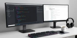ae888black software development workspace showcasing code, digital platforms, and advanced AI technology.