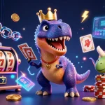 Experience the thrill of QS88 casino with friendly T-Rex dealing cards and vibrant gaming elements.