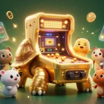 Experience thrilling gameplay with RED88 through a vibrant 3D casino illustration featuring a whimsical tortoise and dynamic crypto elements.