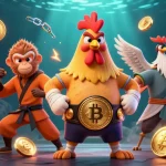Engage with the dynamic FV88 casino experience featuring vibrant characters and cryptocurrency elements.