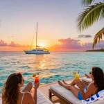 yacht rental punta cana sunset scene featuring friends relaxing on a luxurious yacht deck with tropical drinks