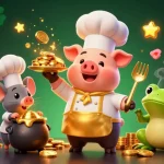Experience the excitement of luck8 with vibrant golden coins and animated characters in a lively casino scene.