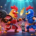 Experience thrilling action at qs88 with colorful roosters battling amidst treasure and casino elements.