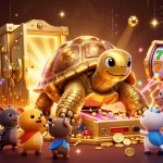 Experience gaming excitement by tải app MM88 with a colorful 3D illustration showcasing gold treasures and playful characters