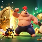 Bet on the excitement of 90phut tv with this dynamic illustration featuring a rooster, a cricket, and a tanuki amidst vibrant casino elements.