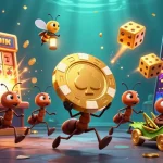 Xoilac platform enhances gaming with ants stealing golden poker chips amidst vibrant casino elements