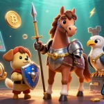 E28BET captures the excitement of casino gaming with a knight, squire, and falcon amidst slot reels and crypto coins.