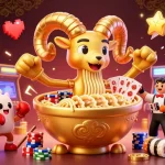 KO66 showcases a vibrant 3D casino scene with a golden ramen bowl dealer and energetic game elements.