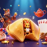 Experience thrilling wins at Luck8 with a vibrant casino scene featuring a fortune cookie and gold.