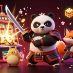 Spin to win at RED88 with an exciting 3D casino scene featuring a samurai panda and friends!
