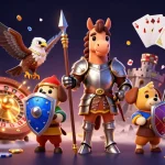 Experience the thrill of s666 with a knight, squire, and falcon amidst vibrant casino elements.