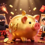 Engage with sunwin's vibrant gaming scene featuring a golden piggy bank, ninja, and samurai in action.